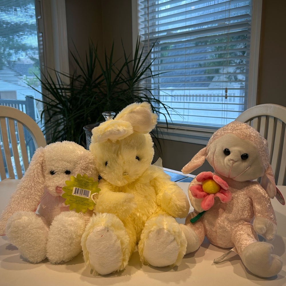 ADORABLE PLUSH EASTER TRIO, WHITE & YELLOW BUNNIES & PINK LAMB